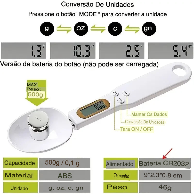 Colher Digital LCD Dosadora Medidora de Precisão para Cozinha - 500gr